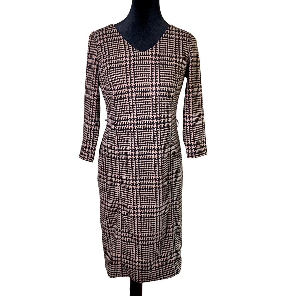 Jones New York Petite Sheath Dress 4P Houndstooth V-Neck Stretch 3/4 SLV Career